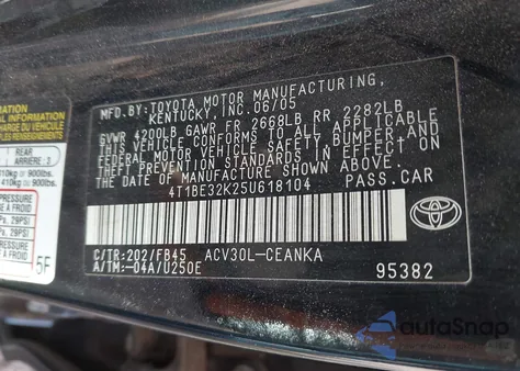 2005 Toyota Camry Le из США, поврежденный, VIN 4T1BE32K25U618104